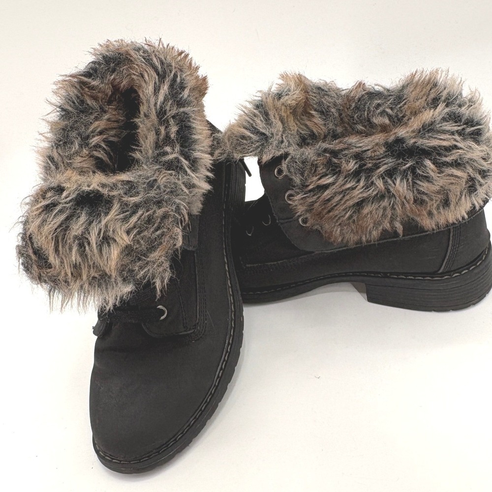 Womens Black Faux Suede Combat Boots Faux Fur Fold Over Collar Size 8 Side Zip